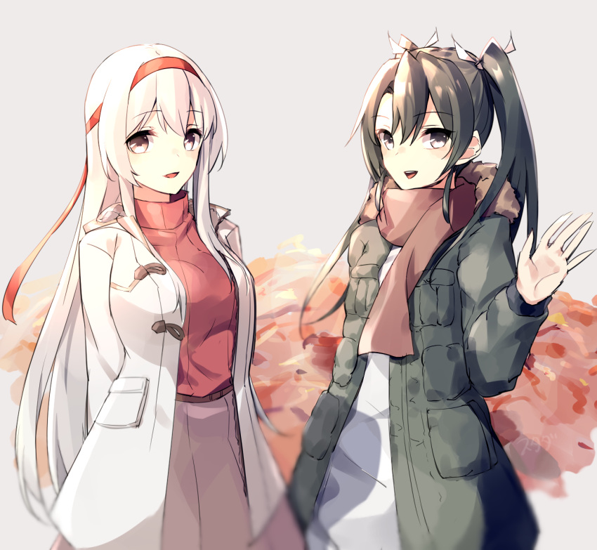 2girls :d arms_behind_back brown_skirt duffel_coat eyebrows_visible_through_hair green_coat green_hair hair_ribbon hairband highres kantai_collection long_hair looking_at_viewer multiple_girls open_mouth red_hairband red_sweater ribbed_sweater ribbon scarf shoukaku_(kantai_collection) skirt smile sutaa_dasuto-kun sweater turtleneck turtleneck_sweater twintails white_coat white_hair zuikaku_(kantai_collection)
