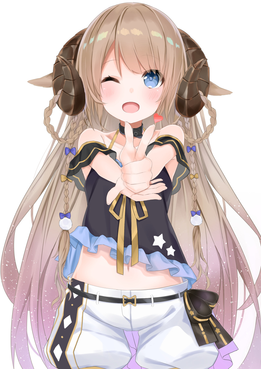 1girl absurdres animal_ears blue_eyes blush braid brown_hair collar collarbone commentary_request finger_gun hashiko_nowoto highres horns long_hair navel one_eye_closed open_mouth original pointing pointing_at_viewer ribbon sheep_horns shirt shorts simple_background solo white_background