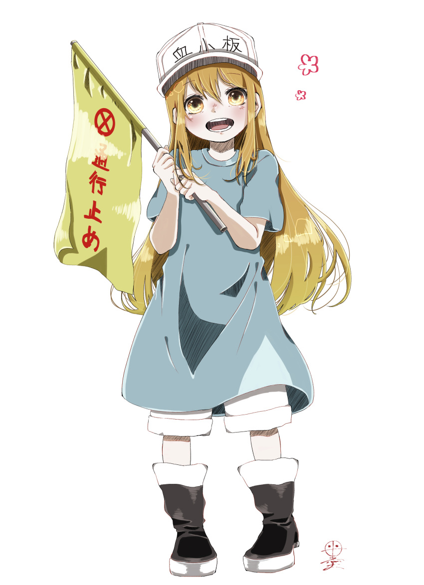 1girl :d absurdres black_footwear blonde_hair blue_shirt blush boots commentary_request eyebrows_visible_through_hair flag full_body hair_between_eyes hat hataraku_saibou highres holding holding_flag long_hair looking_at_viewer open_mouth platelet_(hataraku_saibou) shirt short_sleeves shorts sidelocks simple_background smile solo standing sumi_(2sumi_boku6) very_long_hair white_background white_hat white_shorts yellow_eyes