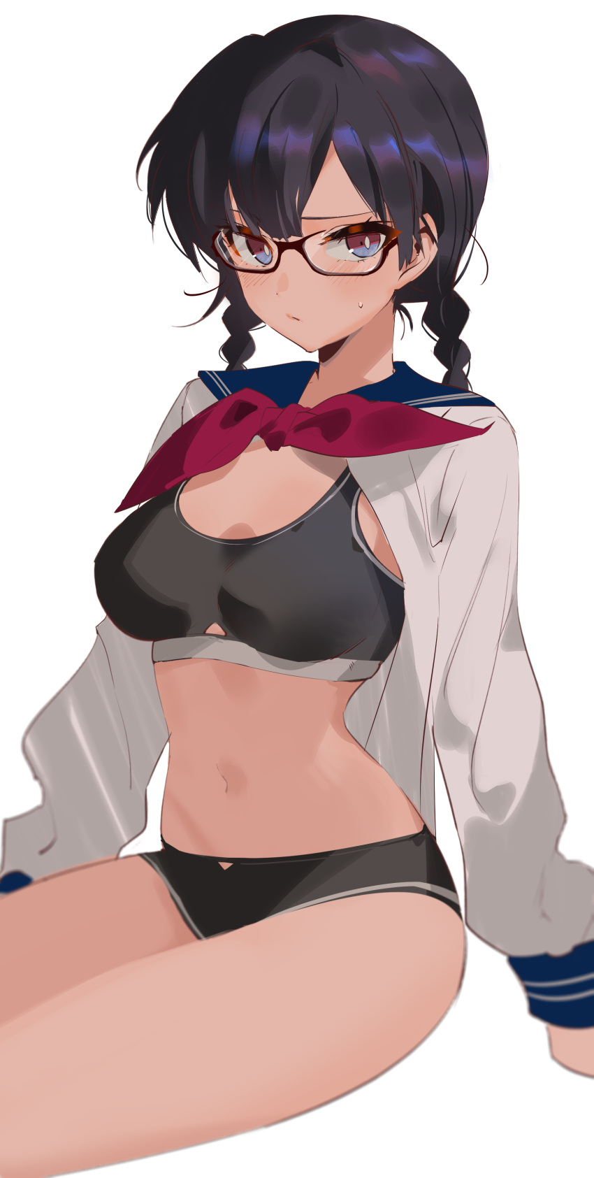 1girl absurdres arutera bangs black_hair blouse blue_eyes blush braid breasts closed_mouth commentary_request eyebrows_visible_through_hair glasses highres legs_together long_sleeves looking_at_viewer medium_breasts navel open_blouse open_clothes original school_uniform semi-rimless_eyewear serafuku shiny shiny_hair shorts simple_background sitting solo sports_bra sweatdrop thighs tsurime twin_braids under-rim_eyewear white_background