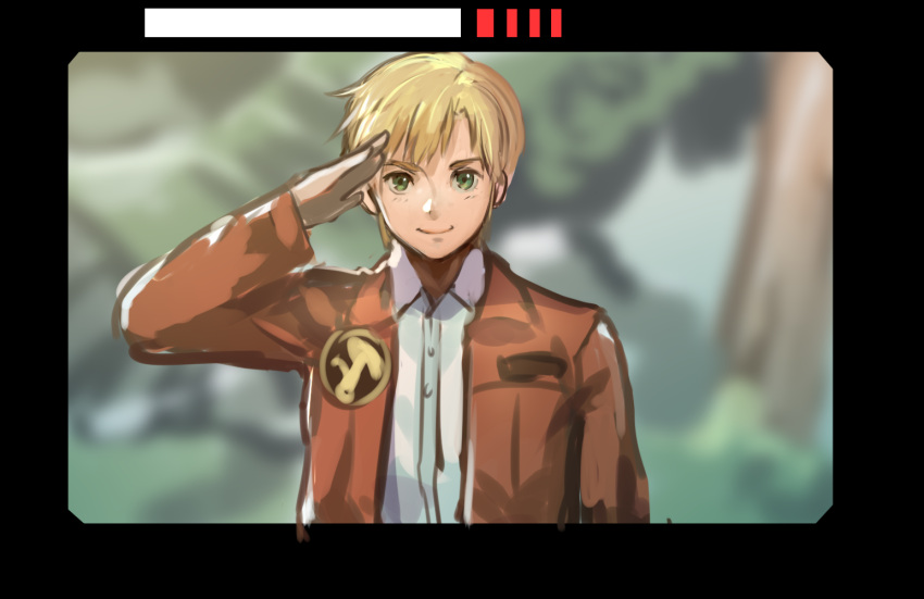 1boy bangs bernard_wiseman blonde_hair commentary_request forest green_eyes gundam gundam_0080 jacket long_sleeves looking_at_viewer male_focus nature salute seiyuu_connection short_hair smile solo starry_babe tree tsujitani_kouji video