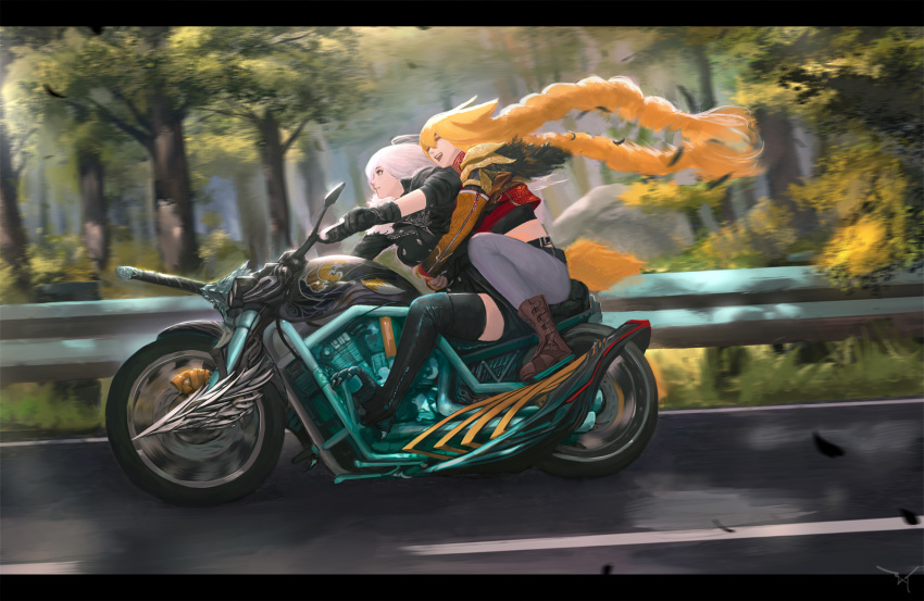 2girls :d black_eyes black_gloves black_legwear blonde_hair boots braid brown_footwear day ex-trident eyebrows_visible_through_hair gloves ground_vehicle guard_rail hair_between_eyes highres hug hug_from_behind long_hair monster_girl motor_vehicle motorcycle multiple_girls open_mouth original outdoors pants parted_lips riding road signature smile tail thigh-highs tree twin_braids twintails very_long_hair white_hair