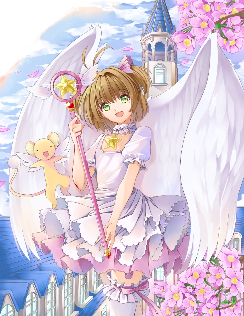 1girl :d brown_hair card_captor_sakura choker clouds cloudy_sky collarbone day dress feathered_wings flower garters green_eyes hair_ornament head_tilt highres holding holding_staff jewelry kero kinomoto_sakura layered_dress looking_at_viewer necklace open_mouth outdoors petals pink_flower pleated_dress short_dress short_hair short_sleeves short_twintails sky smile solo staff star star_necklace thigh-highs twintails white_dress white_legwear white_wings wings yuutarou_(fukiiincho)