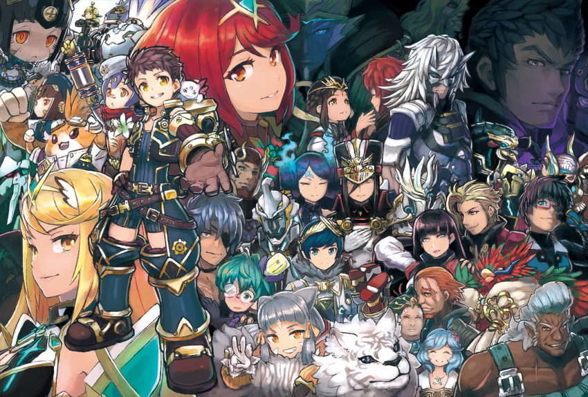 6+boys 6+girls android armor bangs blonde_hair blush bodysuit breasts closed_eyes curly_hair eyepatch fan_la_norne fingerless_gloves glasses gloves hana_(xenoblade) hana_jd hana_jk hat highleg highleg_leotard jacket kagutsuchi_(xenoblade) leotard long_hair looking_at_viewer lora_(xenoblade_2) maid mecha_musume meleph_(xenoblade) metsu_(xenoblade) multiple_boys mythra_(xenoblade) nintendo niyah open_mouth orange_eyes parted_lips pauldrons pointy_ears purple_hair pyra_(xenoblade) redhead reiesu_(reis) rex_(xenoblade_2) robot_joints saika_(xenoblade) shin_(xenoblade) short_hair silver_hair simple_background smile spoilers tora_(xenoblade) twintails white_hair xenoblade_(series) xenoblade_2 yellow_eyes zeke_b_arutimetto_genbu