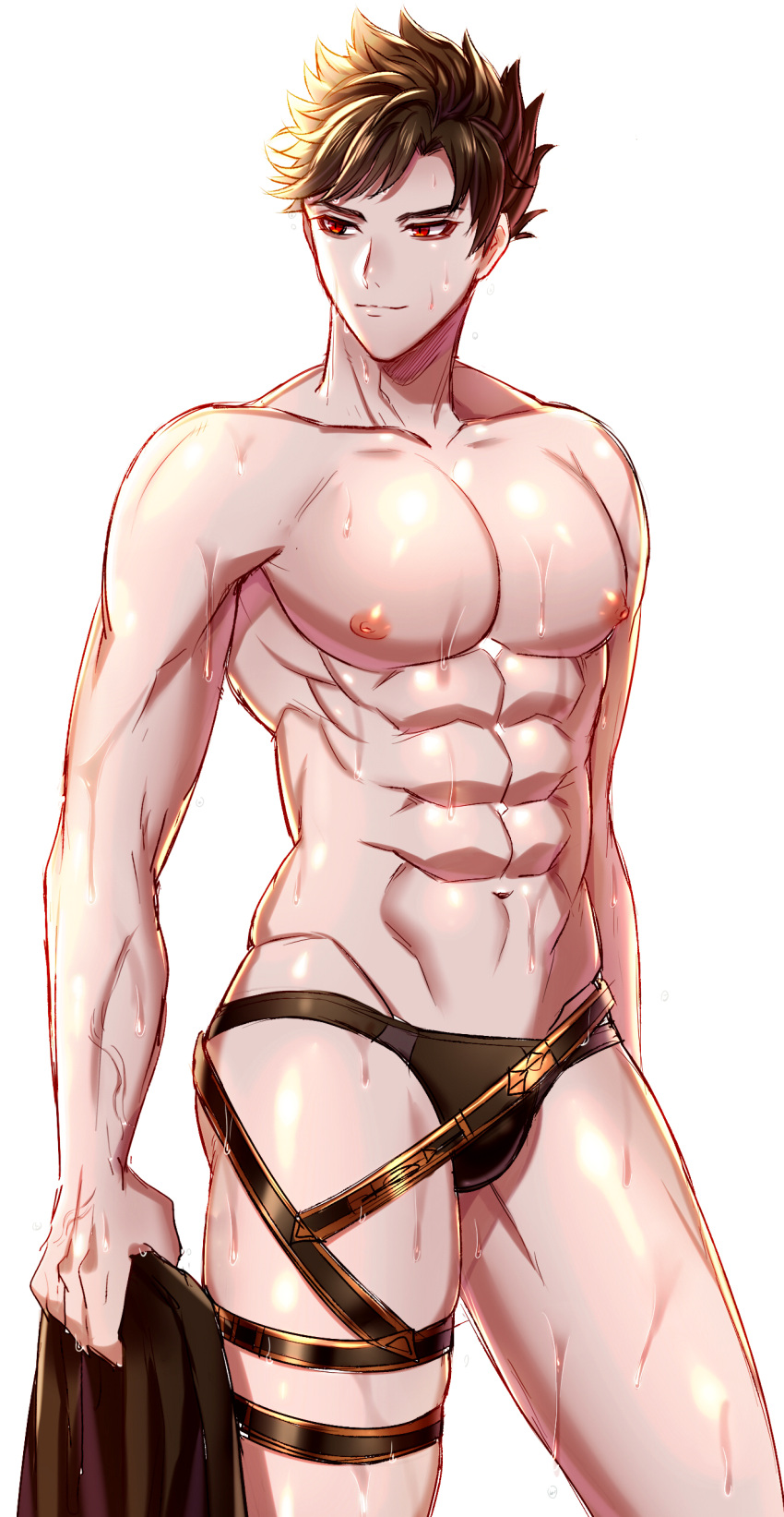 1boy abs absurdres belial_(granblue_fantasy) black_hair chiharudaaaaaaa closed_mouth contrapposto granblue_fantasy highres male_focus male_swimwear nipples red_eyes simple_background solo swim_briefs swimsuit swimwear toned toned_male wet white_background