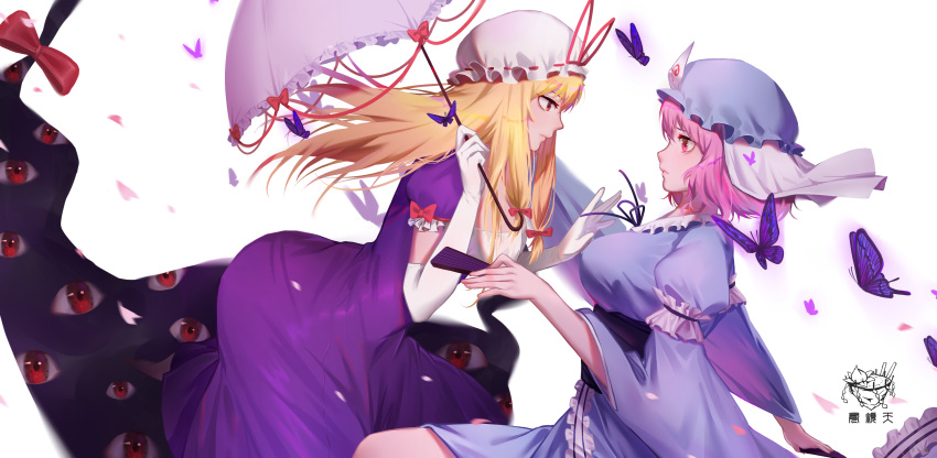 2girls absurdres arm_garter bangs blonde_hair blue_dress blue_hat blue_sash bow breasts bug butterfly chinese chinese_commentary commentary_request cowboy_shot dress elbow_gloves eye_contact fan folding_fan frilled_shirt_collar frills from_side gap gloves hair_bow hands_up hat hat_ribbon highres holding holding_fan holding_umbrella insect keystone large_breasts long_hair long_sleeves looking_at_another mob_cap multiple_girls obi petals pink_eyes pink_hair profile purple_dress purple_ribbon purple_umbrella red_bow red_eyes red_ribbon ribbon saigyouji_yuyuko sash shide short_hair sidelocks simple_background touhou translation_request triangular_headpiece umbrella veil white_background white_gloves white_hat wide_sleeves xtears_kitsune yakumo_yukari