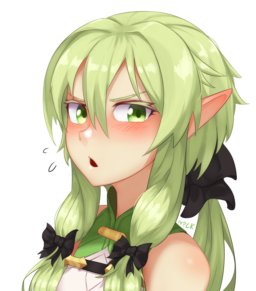 1girl artist_name bare_shoulders black_bow blush bow elf face goblin_slayer! green_eyes green_hair half-closed_eyes high_elf_archer_(goblin_slayer!) highres looking_at_viewer nickniceth open_mouth pointy_ears sidelocks simple_background sleeveless solo white_background