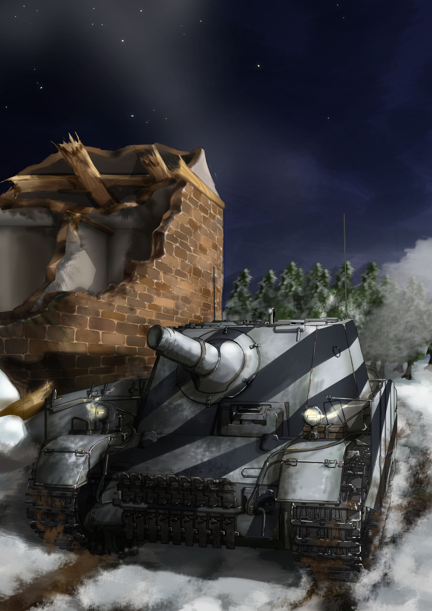 absurdres ground_vehicle highres house military military_vehicle motor_vehicle myon2 night night_sky no_humans original ruins self-propelled_gun sky snow star sturmpanzer_iv_brummbar tank tree turretless_tank weapon