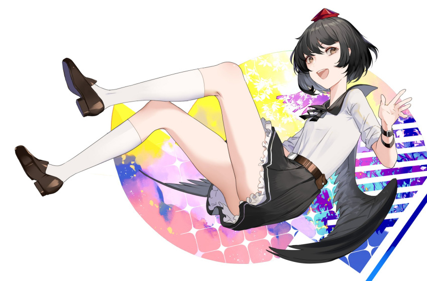 1girl :d ass bangs belt black_hair black_neckwear black_ribbon black_sailor_collar black_skirt black_wings breasts brown_footwear brown_hair commentary feathered_wings full_body hair_between_eyes hand_up hat highres hillly_(maiwetea) kneehighs knees_up long_sleeves looking_at_viewer miniskirt neck_ribbon open_mouth petticoat pleated_skirt pouch ribbon sailor_collar shameimaru_aya shirt shoes short_hair skirt small_breasts smile solo thighs tokin_hat touhou white_background white_legwear white_shirt wings wristband