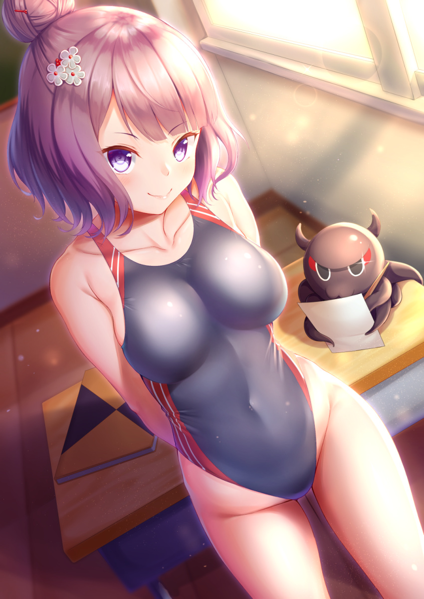 1girl :3 alternate_costume arms_behind_back bangs bare_arms bare_shoulders black_eyes black_swimsuit blunt_bangs blush book breasts closed_mouth collarbone competition_swimsuit covered_navel cowboy_shot day desk dutch_angle eyebrows_visible_through_hair fate/grand_order fate_(series) flower groin hair_bun hair_flower hair_ornament hairclip highleg highleg_swimsuit highres horns katsushika_hokusai_(fate/grand_order) lipstick looking_at_viewer makeup medium_breasts octopus one-piece_swimsuit paper pink_lips purple_hair school_desk short_hair smile solo sparkle sunlight swimsuit tokitarou_(fate/grand_order) violet_eyes window zuizhong