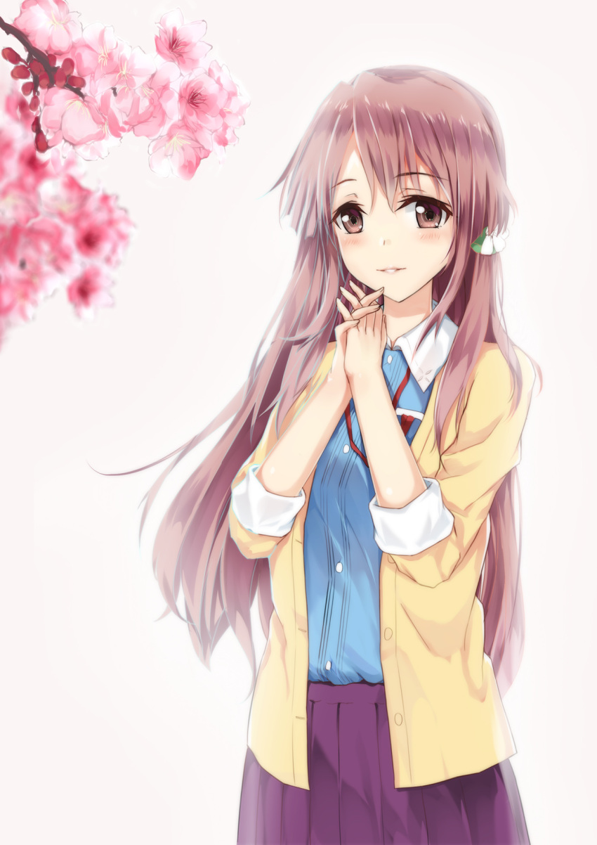 1girl blue_shirt brown_eyes brown_hair cardigan dress_shirt eyebrows_visible_through_hair floating_hair flower grey_background hair_ornament hands_together hentai_kuwa highres long_hair looking_at_viewer open_cardigan open_clothes parted_lips pink_flower pleated_skirt purple_skirt sakura_quest shinomiya_shiori shiny shiny_hair shirt skirt solo standing very_long_hair yellow_cardigan