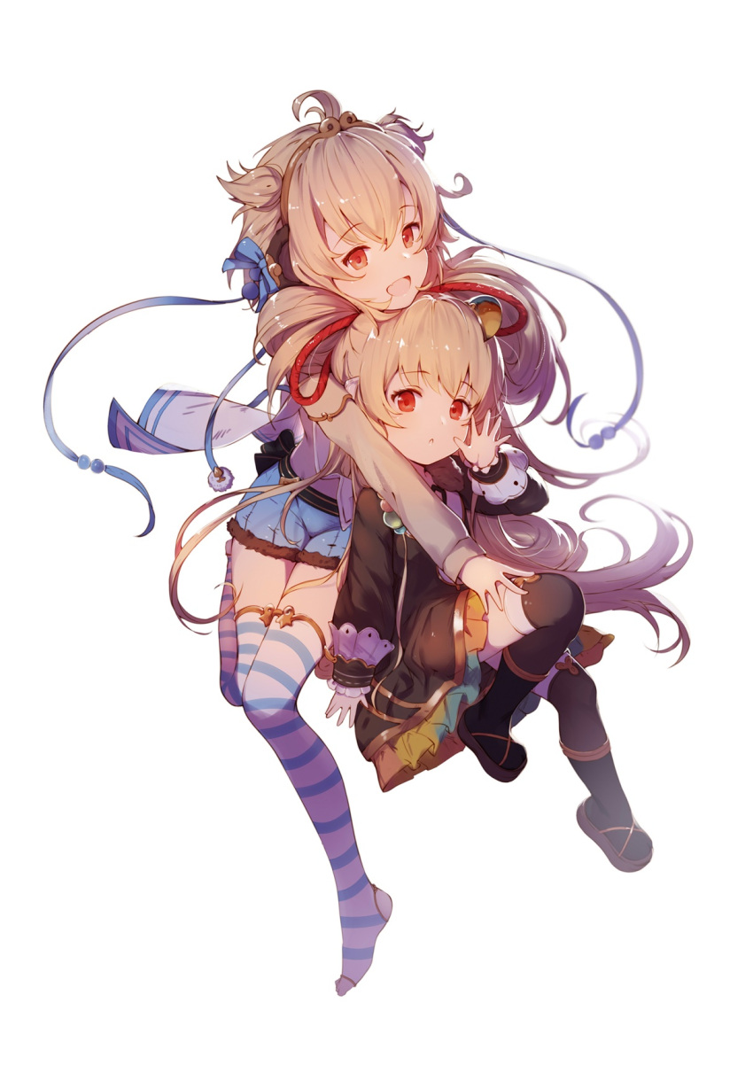2girls :d :o andira_(granblue_fantasy) animal_ears bangs black_legwear blonde_hair blue_bow blue_shorts bow brown_dress brown_footwear brown_shirt circlet commentary_request dress erune eyebrows_visible_through_hair fang fur-trimmed_shorts fur_trim gin00 granblue_fantasy hair_between_eyes hair_bow hand_up harvin highres long_hair long_sleeves looking_at_viewer mahira_(granblue_fantasy) monkey_ears multiple_girls open_mouth parted_lips red_eyes shirt short_shorts shorts simple_background sleeves_past_wrists smile stirrup_legwear striped striped_legwear thigh-highs toeless_legwear two_side_up very_long_hair white_background