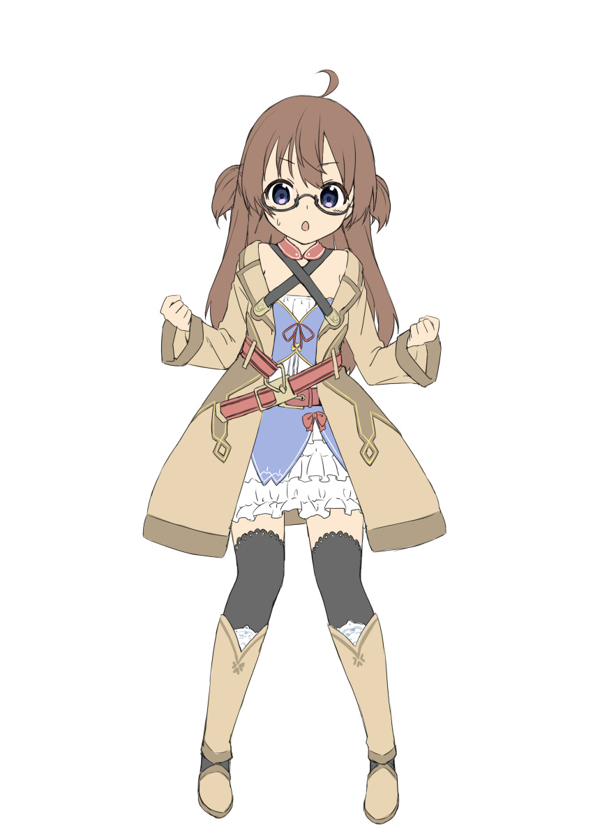 1girl :o absurdres ahoge amane_rosylily amane_rosylily_(cosplay) amemiya_sekira bangs black-framed_eyewear black_legwear blush boots brown_coat brown_footwear brown_hair coat commentary_request cosplay dress eyebrows_visible_through_hair full_body hair_between_eyes hands_up highres knee_boots long_hair looking_at_viewer open_clothes open_coat original parted_lips sekira_ame semi-rimless_eyewear simple_background standing sweat thigh-highs thighhighs_under_boots two_side_up under-rim_eyewear v-shaped_eyebrows very_long_hair violet_eyes white_background white_dress