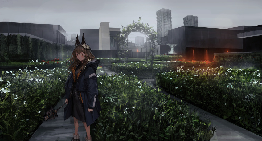 1girl animal_ears arch arms_at_sides bangs bare_legs black_dress black_jacket brown_eyes brown_hair building city dress expressionless flower garden grey_sky hair_flower hair_ornament hair_over_shoulder hedge_(plant) highres holding holding_wand hood jacket lavender_quartz lm7_(op-center) long_hair long_sleeves looking_away outdoors plant red_flower scenery shoes sidelocks skyscraper solo standing statue torabishi_lana wand white_flower