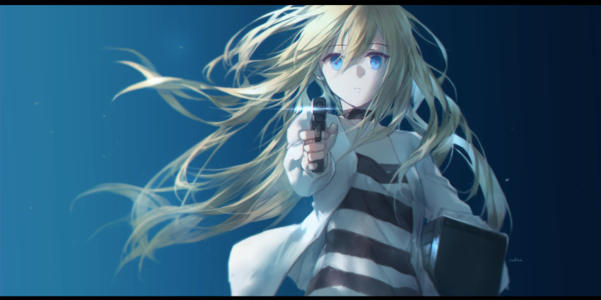 1girl bangs black_choker blonde_hair blue_eyes carrying_under_arm choker collarbone commentary_request eyebrows_visible_through_hair gun hair_between_eyes handgun highres holding holding_gun holding_weapon jacket letterboxed long_hair looking_at_viewer open_clothes open_jacket outstretched_arm parted_lips rachel_gardner satsuriku_no_tenshi shirt signature solo striped striped_shirt swd3e2 upper_body very_long_hair weapon white_jacket