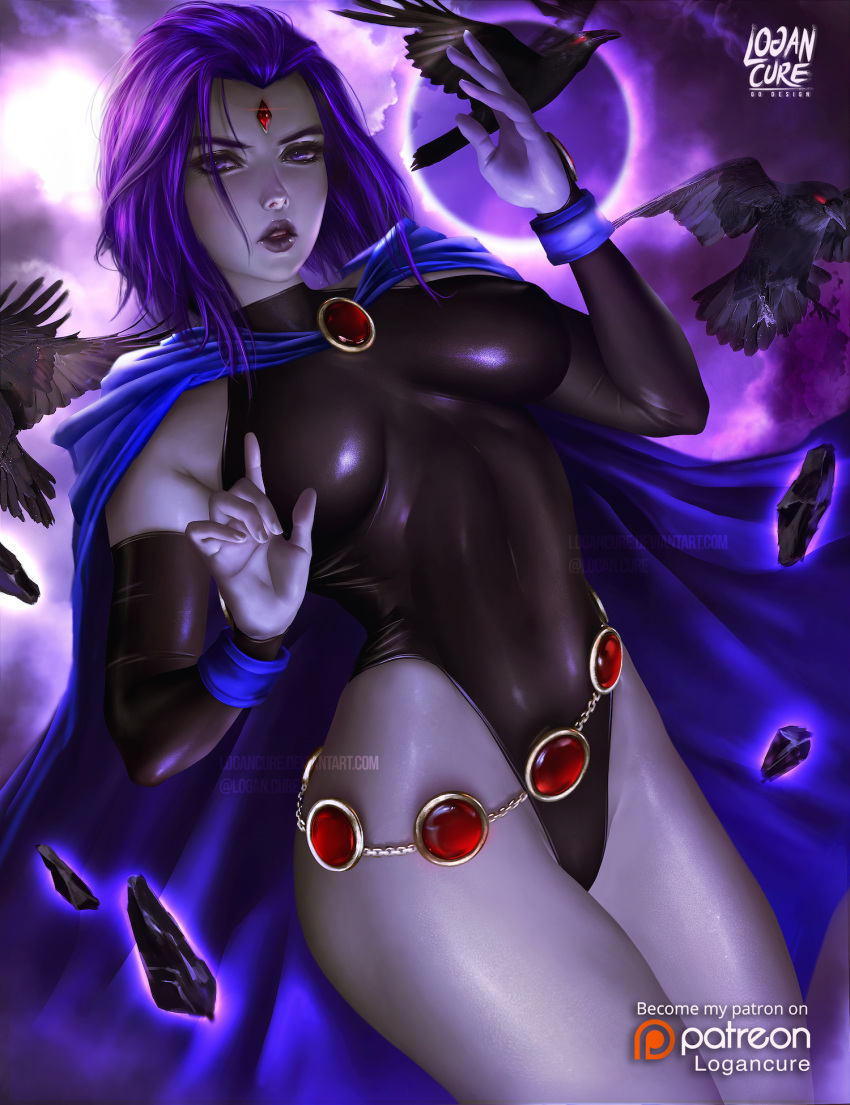 1girl artist_name aura beak belt bird black_leotard blue_cape breasts breasts_apart cape covered_navel dark_background dc_comics debris detached_sleeves erect_nipples eyeshadow forehead_jewel glowing grey_skirt highleg highleg_leotard highres leotard lipstick logan_cure looking_at_viewer loose_belt magic makeup medium_breasts open_mouth patreon_username pose purple_hair raven_(animal) raven_(dc) short_hair skirt solo superhero teen_titans teeth violet_eyes wristband