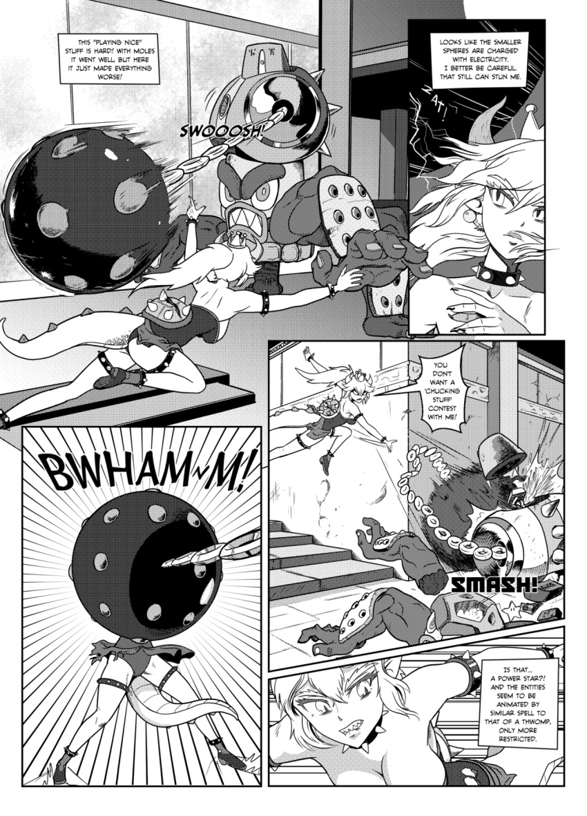 1girl ass bangs bare_shoulders bowsette commentary crown dress english english_commentary highres left-to-right_manga mace super_mario_bros. mechanical_arms new_super_mario_bros._u_deluxe nintendo pencils_(artist) robot strapless super_crown weapon
