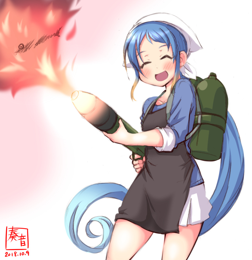 1girl alternate_costume artist_logo black_apron blouse blue_blouse blue_hair commentary_request dated fire fish flame flamethrower gradient gradient_hair head_scarf highres holding kanon_(kurogane_knights) kantai_collection long_hair looking_at_viewer multicolored_hair open_mouth samidare_(kantai_collection) saury shirt signature simple_background smile solo very_long_hair weapon white_background white_shirt