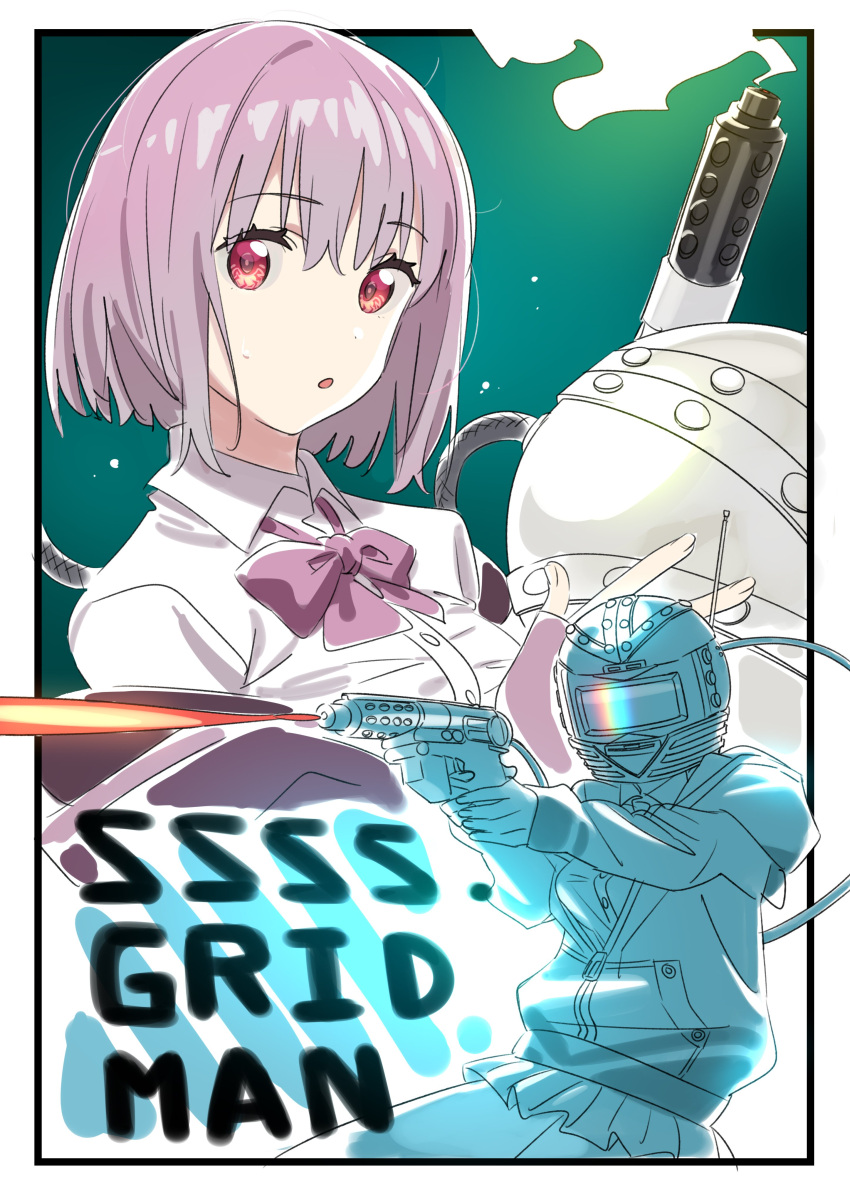 1girl absurdres black_border bob_cut border bow commentary_request copyright_name denkou_choujin_gridman flamethrower green_background helmet highres lavender_hair looking_at_viewer official_art parody purple_bow scarf shinjou_akane short_hair simple_background smoke ssss.gridman weapon