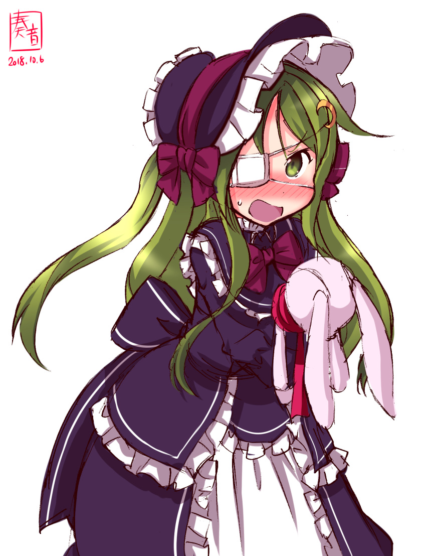 1girl alternate_costume artist_logo black_dress blush bonnet commentary_request crescent crescent_hair_ornament crescent_moon_pin dated dress embarrassed eyepatch frilled_dress frills gothic_lolita green_eyes green_hair hair_ornament hairband headdress highres kanon_(kurogane_knights) kantai_collection lolita_fashion lolita_hairband long_hair looking_at_viewer medical_eyepatch nagatsuki_(kantai_collection) open_mouth signature simple_background solo stuffed_animal stuffed_bunny stuffed_toy white_background