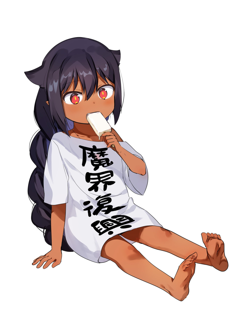 1girl absurdres arm_support black_hair braid dark_skin eating fang food full_body highres jahy jahy_sama_wa_kujikenai konbu_wakame long_hair naked_shirt off_shoulder oversized_clothes popsicle red_eyes shirt short_sleeves simple_background single_braid sitting t-shirt white_background white_shirt