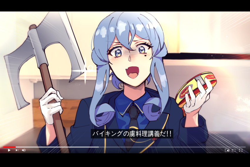 1girl :d axe bitchcraft123 blue_eyes blue_hair blurry can commentary depth_of_field fake_screenshot gotland_(kantai_collection) holding kantai_collection looking_at_viewer mole mole_under_eye open_mouth smile solo sparkle surstromming translation_request