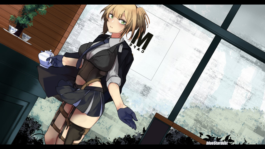 1girl artist_name bangs black_gloves blonde_hair blue_gloves blush braid breasts collared_shirt corset desk eyebrows_visible_through_hair girls_frontline gloves green_eyes grey_shirt highres holding holding_teapot holster indoors jacket_on_shoulders kojima_(blue_stardust) letterboxed looking_at_viewer medium_breasts necktie open_mouth saucer shirt short_hair sidelocks skindentation skirt sleeves_rolled_up smile solo striped_vest teapot thigh_holster twintails weapon welrod_mk2_(girls_frontline) window