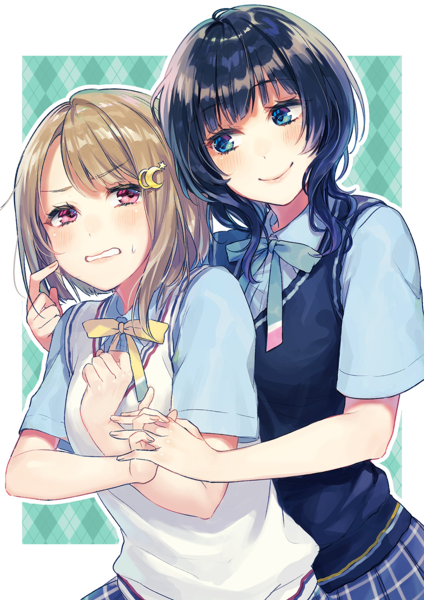 2girls asaka_karin bangs blue_eyes blue_hair blue_neckwear blue_shirt blue_skirt blush brown_hair cheek_poking clenched_hand clenched_teeth collared_shirt grey_hair hand_holding hand_on_own_chest highres looking_at_another love_live! love_live!_school_idol_festival medium_hair multiple_girls nakasu_kasumi neck_ribbon nijigasaki_academy_uniform outline perfect_dream_project plaid plaid_background plaid_skirt poking ribbon school_uniform shirt short_hair short_sleeves skirt smile sudach_koppe sweatdrop sweater_vest teasing teeth upper_body white_outline yellow_neckwear