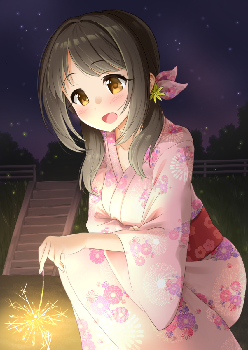 1girl :d bangs blush breasts brown_eyes brown_hair collarbone commentary_request dark eyebrows_visible_through_hair fireworks floral_print highres holding idolmaster idolmaster_cinderella_girls idolmaster_cinderella_girls_starlight_stage imai_kana japanese_clothes kibihimi kimono long_hair long_sleeves night night_sky obi open_mouth outdoors pink_kimono print_kimono print_obi purple_sky raised_eyebrows red_obi sash senkou_hanabi sky smile solo sparkler squatting yukata