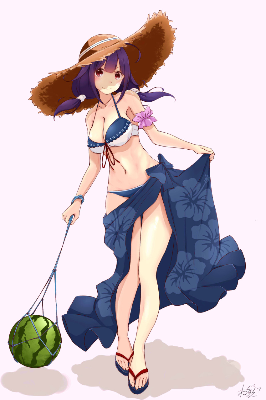 1girl absurdres ahoge alternate_costume arm_scrunchie bangs bikini blue_bikini blush breasts closed_mouth food fruit full_body hair_flaps hair_ornament hat highres kantai_collection large_breasts lifted_by_self long_hair looking_at_viewer low_twintails neve one_eye_closed purple_hair red_eyes sandals sarong sarong_lift sidelocks signature smile solo straw_hat swimsuit taigei_(kantai_collection) twintails watermelon