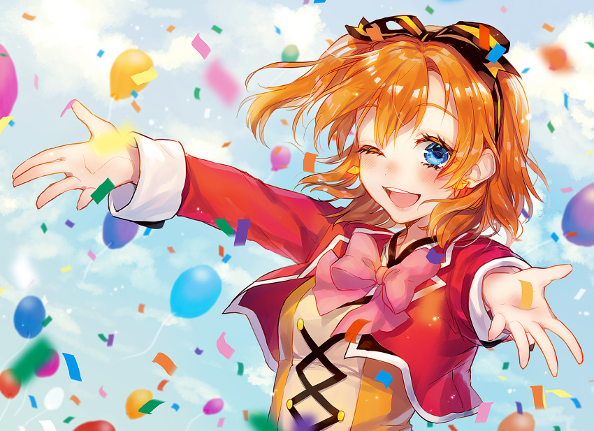 1girl ;d balloon bangs blue_eyes blush bow bowtie clouds confetti cropped_jacket cross-laced_clothes day earrings hair_ribbon highres jacket jewelry kousaka_honoka long_sleeves looking_at_viewer love_live! love_live!_school_idol_project medium_hair one_eye_closed one_side_up open_mouth orange_hair outdoors outstretched_arms pink_neckwear red_jacket ribbon sky smile solo spread_arms striped striped_ribbon sudach_koppe sunny_day_song upper_body
