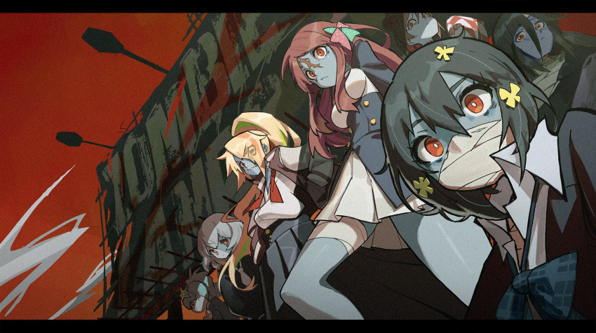 6+girls ahoge bags_under_eyes bandage black_hair blonde_hair blue_hair blue_skin brown_hair copyright_name eyebrows_visible_through_hair eyes_visible_through_hair flower grey_hair grey_skin hair_between_eyes hair_flower hair_ornament hair_over_one_eye hair_ribbon highres hoshikawa_lily konno_junko letterboxed long_hair looking_at_viewer minamoto_sakura mizuno_ai multicolored_hair multiple_girls neck_ribbon necktie nikaidou_saki ponytail red_eyes red_sky ribbon scar school_uniform short_hair sky twintails waterkuma yamada_tae yuugiri_(zombieland_saga) zombie zombieland_saga