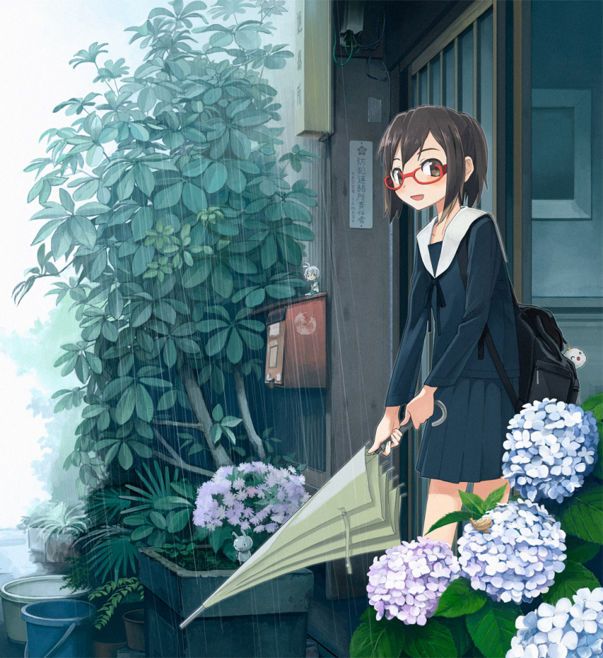 1girl bag brown_hair bucket closed_umbrella doll door flower glasses highres hydrangea kimura-san_(kimura_daisuke) kusakabe_(kusakabeworks) mailbox_(incoming_mail) minigirl original plant rain red-framed_eyewear revision school_bag school_uniform serafuku short_hair skirt snail solo umbrella