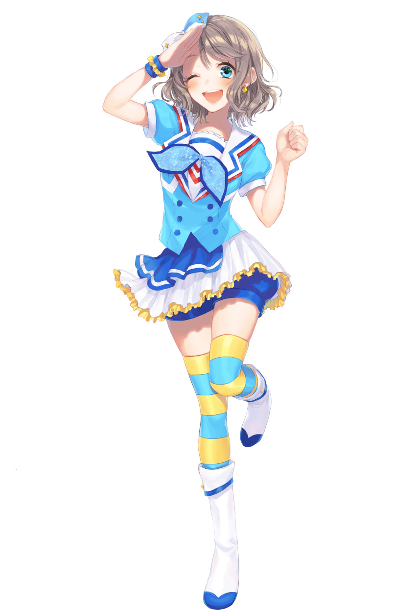 1girl ;d absurdres aozora_jumping_heart bangs blue_eyes blue_shirt blue_shorts boots bow brown_hair clenched_hand earrings frilled_skirt frills full_body hair_bow highres jewelry knee_boots leg_up love_live! love_live!_sunshine!! miniskirt one_eye_closed open_mouth original parted_bangs pleated_skirt shiny shiny_hair shirt short_hair short_shorts short_sleeves shorts shorts_under_skirt simple_background skirt smile solo standing standing_on_one_leg striped striped_legwear sudach_koppe thigh-highs watanabe_you white_background white_footwear white_skirt wrist_cuffs