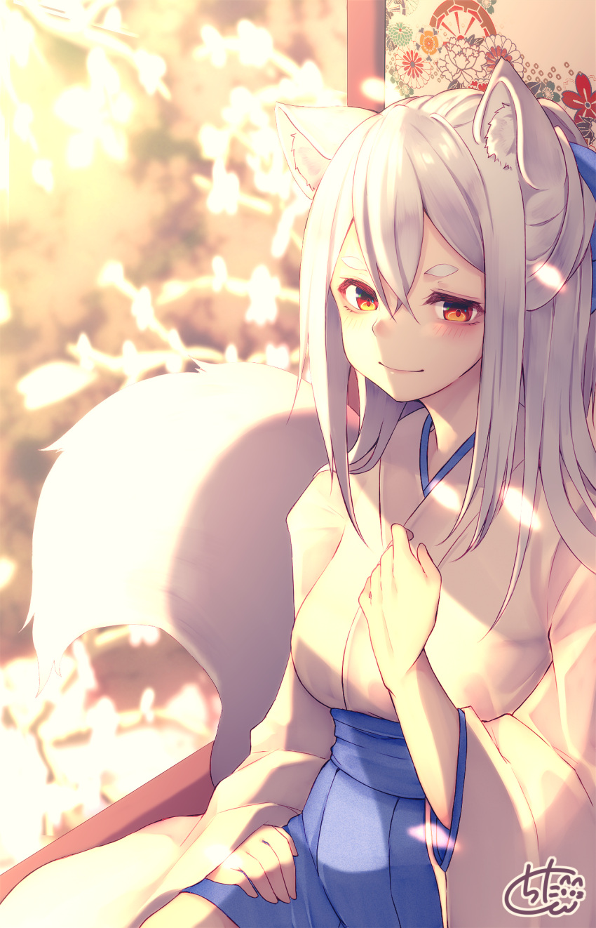 1girl animal_ear_fluff animal_ears bangs blue_skirt blurry blurry_background breasts chita_(ketchup) closed_mouth commentary_request depth_of_field eyebrows_visible_through_hair fox_ears fox_girl fox_tail grey_hair hair_between_eyes hand_up highres japanese_clothes kimono long_hair long_sleeves medium_breasts original pleated_skirt red_eyes short_eyebrows signature sitting skirt sleeves_past_wrists smile solo tail tail_raised thick_eyebrows tree_branch white_kimono wide_sleeves