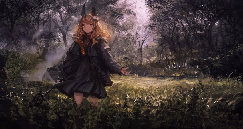 1girl absurdres animal_ears arm_at_side bangs black_dress black_jacket brown_eyes brown_hair closed_mouth day dress expressionless flower forest grass hair_flower hair_ornament highres holding holding_wand jacket lavender_quartz lm7_(op-center) long_hair long_sleeves looking_up nature open_clothes open_jacket outdoors outstretched_hand plant sky solo stairs standing torabishi_lana tree wand wavy_hair white_flower zipper