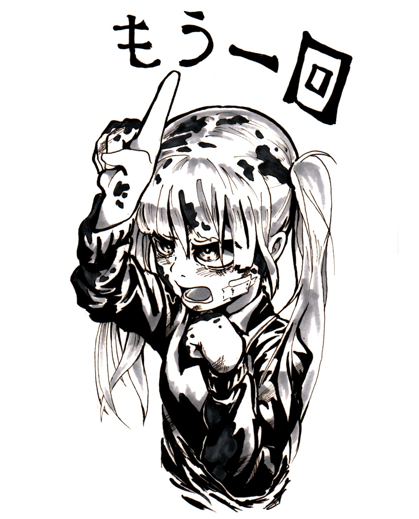 absurdres bandage_on_face dirty dirty_face hatsune_miku highres ink_(medium) inktober marker_(medium) monochrome pointing pointing_up pompmaker1 rolling_girl_(vocaloid) traditional_media twintails vocaloid