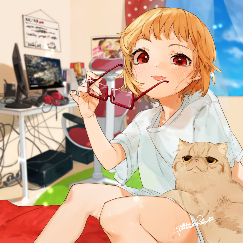 1girl :p alternate_costume alternate_hairstyle artist_name bangs blue_sky blurry blurry_background blush cable casual cat chair clouds commentary_request computer contemporary curtains day feet_out_of_frame flandre_scarlet glasses gotoh510 hand_up headphones highres holding holding_eyewear indoors looking_at_viewer monitor nail_polish no_hat no_headwear pink_nails plug red-framed_eyewear rug shirt short_hair short_sleeves signature sitting sky smile solo sweat swivel_chair table thighs tongue tongue_out touhou white_shirt