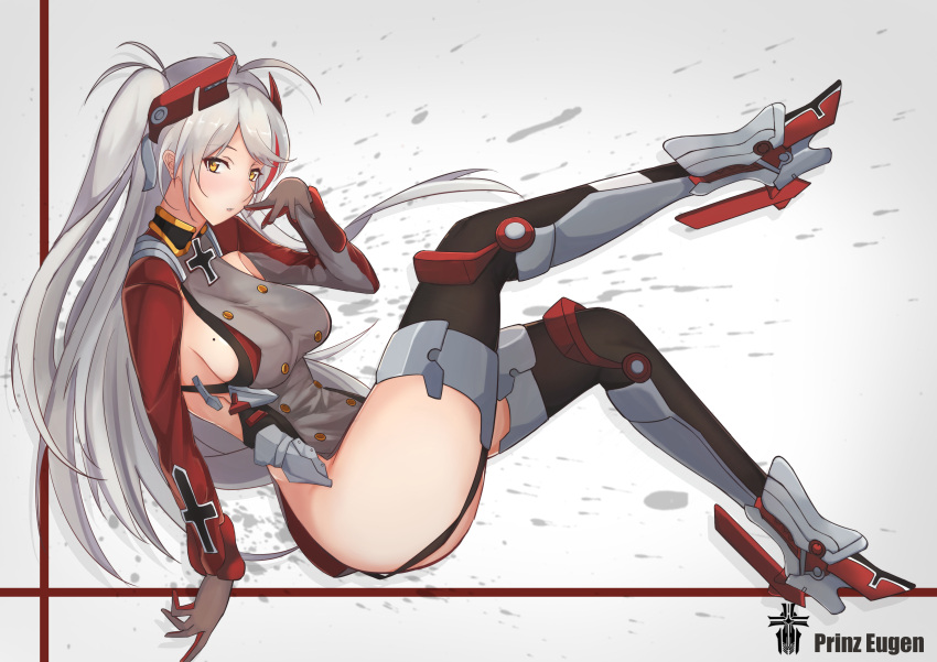 1girl absurdres azur_lane breasts gloves hand_on_head highres large_breasts long_hair looking_at_viewer military military_uniform prinz_eugen_(azur_lane) sideboob silver_hair simple_background sitting solo tagme thighs uniform yellow_eyes yusha_(m-gata)