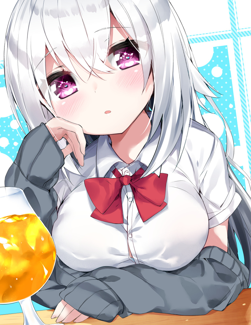 1girl absurdres arm_rest bangs black_cardigan blush bow breast_rest breasts cardigan closed_mouth collared_shirt cup dress_shirt drink drinking_glass eyebrows_visible_through_hair fingernails hair_between_eyes hand_up highres kamioka_shun'ya large_breasts long_hair long_sleeves original red_bow shiori_(kamioka_shun'ya) shirt short_sleeves silver_hair sleeves_past_wrists solo very_long_hair violet_eyes white_shirt wine_glass
