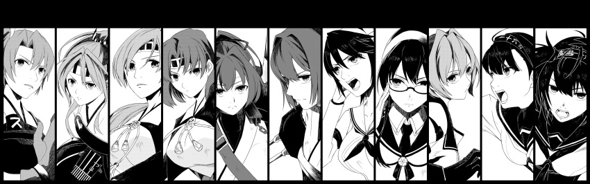 6+girls absurdres adjusting_eyewear akizuki_(kantai_collection) asuka_sakurai bangs bodysuit breasts chitose_(kantai_collection) chiyoda_(kantai_collection) closed_mouth clothes_writing collarbone collared_shirt eyebrows_visible_through_hair forehead_protector glasses gloves greyscale hachimaki hair_between_eyes hair_over_shoulder hair_ribbon hairband hatsuzuki_(kantai_collection) headband high_ponytail highres hyuuga_(kantai_collection) ise_(kantai_collection) isuzu_(kantai_collection) japanese_clothes kantai_collection kimono long_hair machinery medium_hair monochrome multiple_girls muneate neckerchief necktie nontraditional_miko ooyodo_(kantai_collection) open_mouth parted_lips partly_fingerless_gloves remodel_(kantai_collection) ribbon rigging school_uniform semi-rimless_eyewear serafuku shirt short_hair sidelocks strap swept_bangs tama_(kantai_collection) teeth turret under-rim_eyewear undershirt upper_body weapon yugake zuihou_(kantai_collection) zuikaku_(kantai_collection)