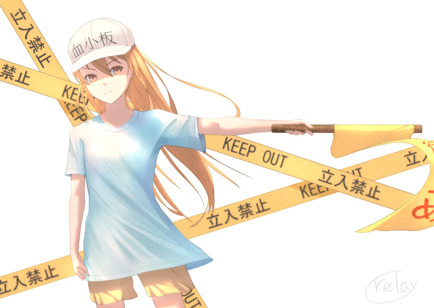 1girl absurdres blonde_hair blue_shirt brown_eyes character_name cowboy_shot flag floating_hair hair_between_eyes hat hataraku_saibou highres holding holding_flag long_hair outstretched_arm platelet_(hataraku_saibou) relayrl shirt short_shorts short_sleeves shorts simple_background solo standing very_long_hair white_background white_hat yellow_shorts