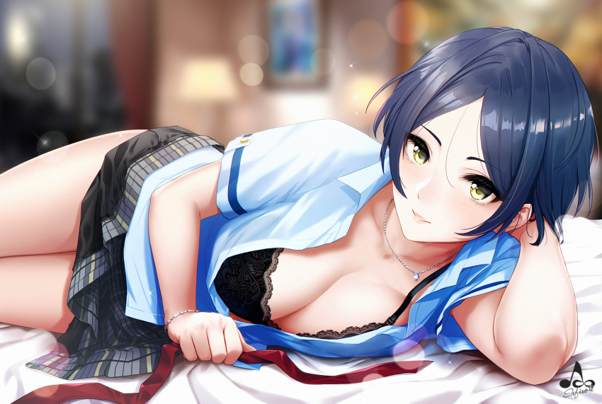 1girl artist_logo bangs black_bra black_hair black_skirt blue_shirt blush bra bracelet breasts cleavage closed_mouth collarbone earrings eyelashes hayami_kanade highres idolmaster idolmaster_cinderella_girls indoors infinote jewelry lace lace-trimmed_bra large_breasts lips looking_at_viewer lying necklace necktie necktie_removed on_bed on_side open_clothes open_shirt parted_bangs red_neckwear school_uniform shirt short_hair short_sleeves skirt smile solo underwear yellow_eyes