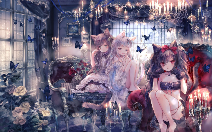 3girls :o animal animal_ears armchair bangs bare_legs bare_shoulders barefoot black_choker black_gloves black_skirt bow brown_hair bug burning butterfly candelabra candle cat_ears cat_girl cat_tail chair chandelier choker closed_mouth collarbone commentary_request couch curtains day detached_sleeves dress eyebrows_visible_through_hair fire flower fur fur-trimmed_gloves fur_trim gloves green_eyes grey_eyes hair_between_eyes hair_bow half-closed_eyes hands_up highres indoors insect juliet_sleeves long_hair long_sleeves multiple_girls onineko open_mouth original paw_pose puffy_sleeves red_bow red_eyes rose short_sleeves silver_hair sitting skirt star sunlight tail tail_raised twintails very_long_hair white_dress white_flower white_rose wide_sleeves window yawning