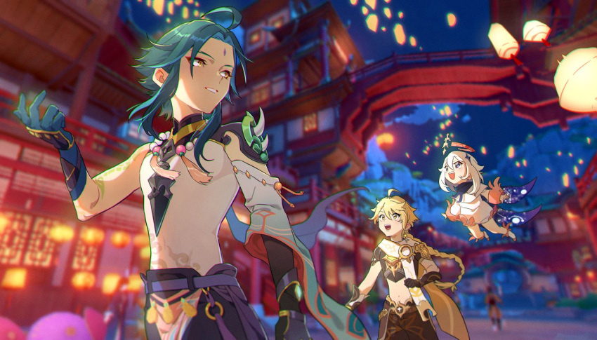 1girl aether_(genshin_impact) ahoge aqua_hair arm_tattoo asymmetrical_clothes bangs bead_necklace beads blonde_hair blurry blurry_background braid cape clouds dress facial_mark forehead_mark genshin_impact gloves green_hair hair_ornament halo honlo jewelry lantern long_hair long_sleeves multicolored_hair necklace night open_mouth outdoors paimon_(genshin_impact) scarf short_sleeves single_braid single_earring sky tattoo vision_(genshin_impact) white_dress white_hair xiao_(genshin_impact) yellow_eyes