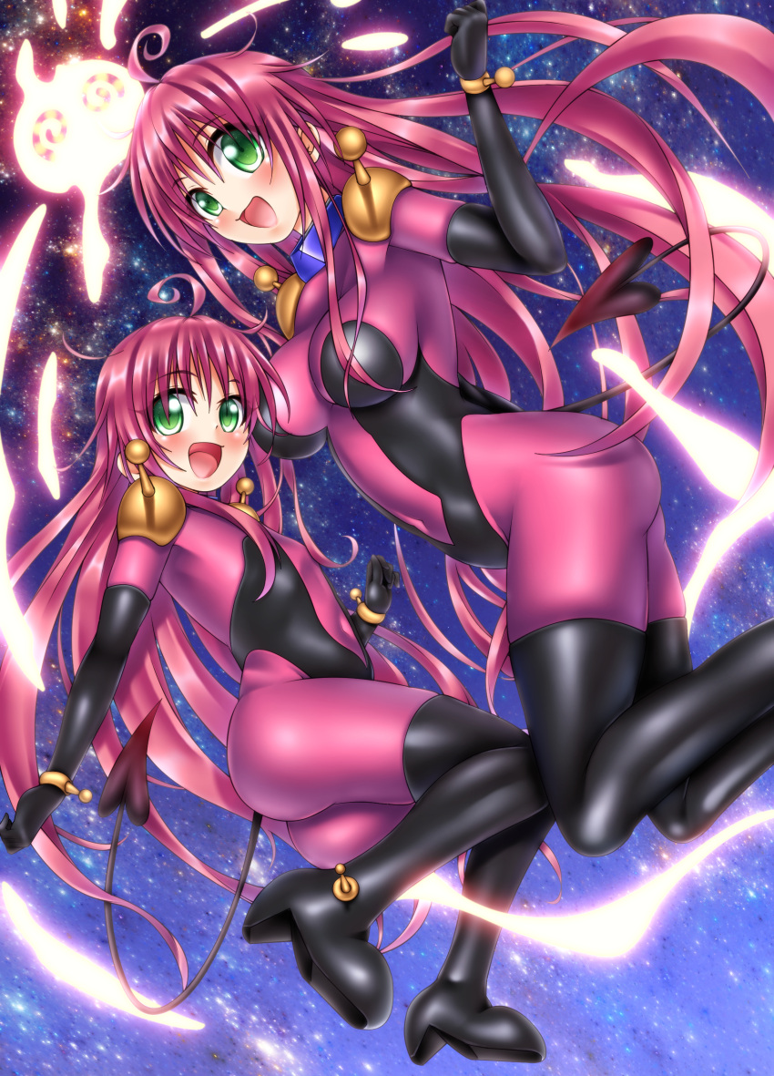 2girls absurdres ahoge ass bodysuit breasts demon_tail dual_persona g_gundam green_eyes gundam highres lala_satalin_deviluke large_breasts long_hair looking_at_viewer mobile_trace_suit multiple_girls oooqqq open_mouth peke pink_bodysuit pink_hair skin_tight smile tail time_paradox to_love-ru to_love-ru_darkness younger