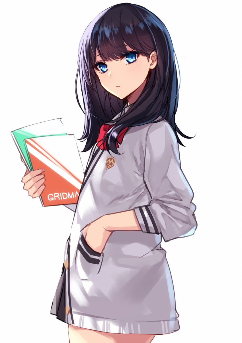 1girl aosaki_yukina bangs black_hair black_skirt blue_eyes bow bowtie breasts closed_mouth hand_in_pocket highres long_hair long_sleeves looking_at_viewer miniskirt notebook pleated_skirt red_bow red_neckwear school_uniform simple_background skirt solo ssss.gridman sweater swept_bangs takarada_rikka thighs white_background white_sweater