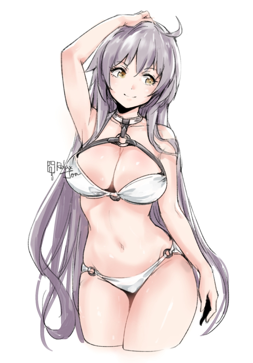 1girl ahoge arm_at_side arm_up armpits artist_name bangs bare_arms bare_shoulders bikini blush breasts brown_eyes character_request cleavage closed_eyes closed_mouth collarbone commentary_request copyright_name copyright_request cropped_legs grey_hair hand_on_own_head head_tilt highres large_breasts long_hair looking_away looking_to_the_side navel o-ring o-ring_bikini o-ring_top relaxjon signature simple_background smile solo stomach straight_hair swimsuit very_long_hair white_background white_bikini