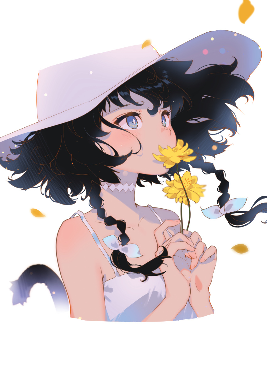 1girl absurdres animal_ears arutera black_hair blue_eyes braid cat_ears cat_tail cropped_torso dress flower hands_up hat highres original petals simple_background solo sun_hat sundress tail upper_body white_background white_dress