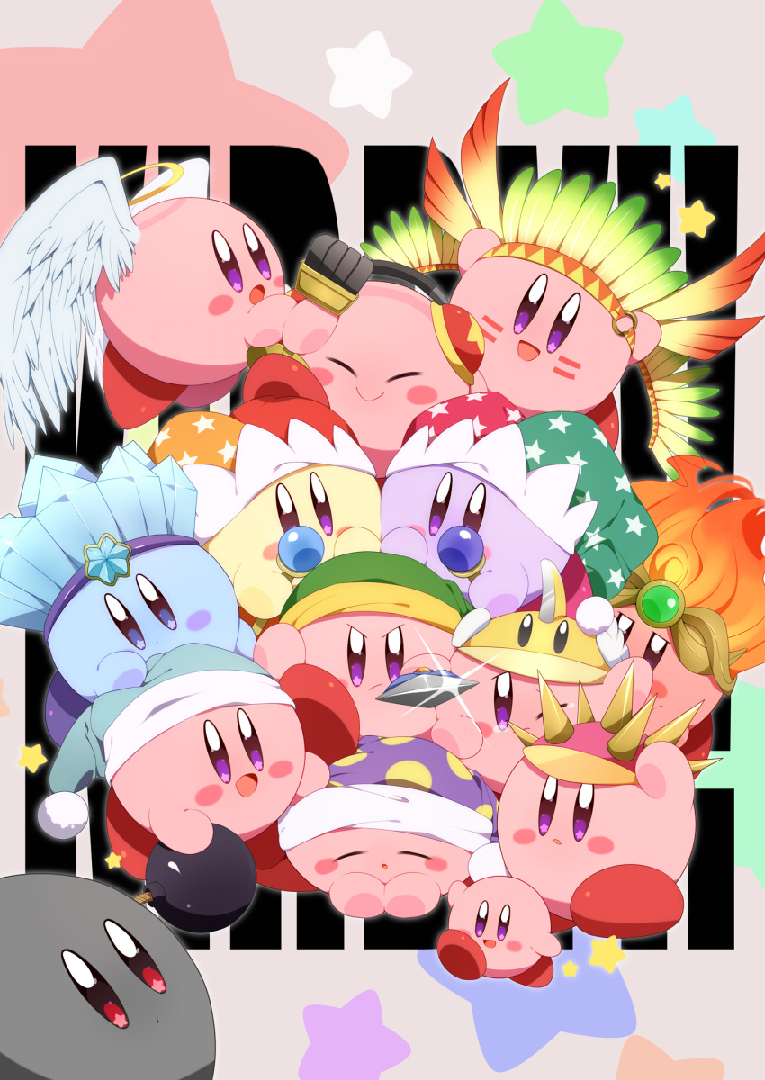 +_+ blush_stickers bomb cap closed_eyes earphones fire glint green_hat halo hat headdress highres ice jester_cap kirby kirby's_dream_land kirby_(series) nightcap nintendo pointing_sword ponto1588 spikes star star_print sword wand weapon wings